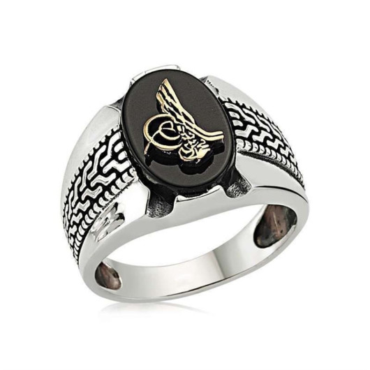 Black Murat Ring - 925 Sterling Silver Tugra Onyx Stone Ring
