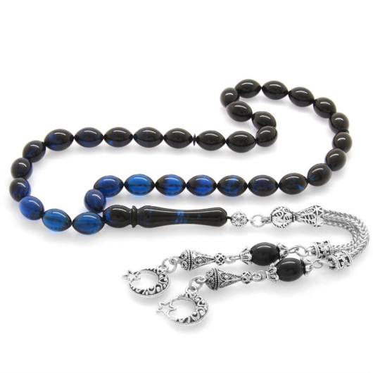 Tarnish Resistant Metal Barley Cut Blue-Black Pressed Amber Prayer Beads With Star And Crescent Tassels