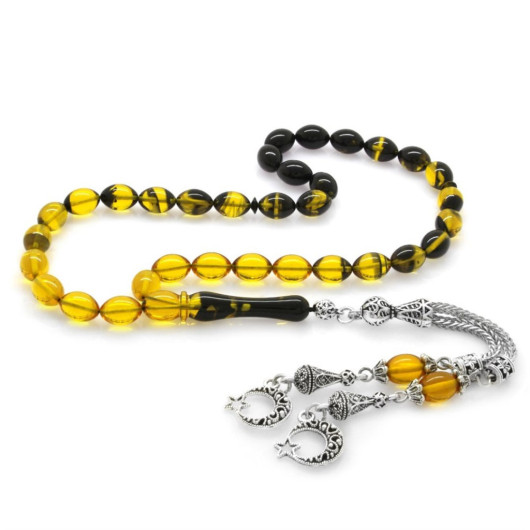 Tarnish Metal Crescent And Star Tasseled Barley Cut Strained Yellow-Black Fire Amber Rosary