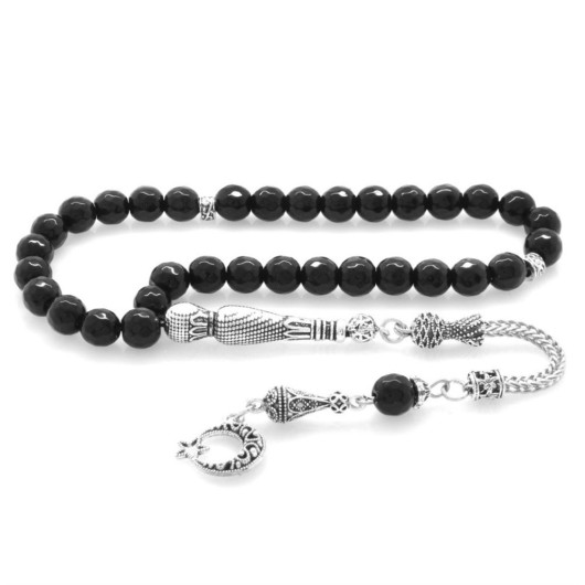 Untarnish Metal Crescent And Star Tasseled Faceted Sphere Cut Onyx Natural Stone Rosary