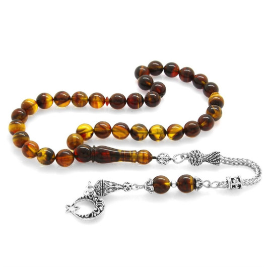 Non-Tarnish Metal Crescent And Star Tasseled Sphere Cut Strained Honey-Black Fire Amber Rosary