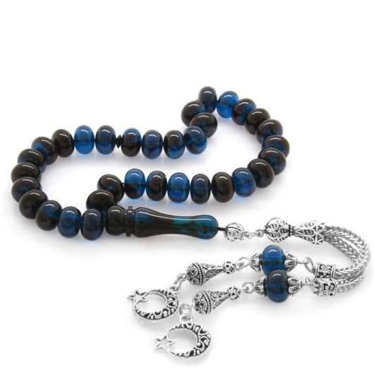 Tarnish Metal Crescent And Star Tasseled Wheel Cut Blue-Black Spinning Amber Rosary