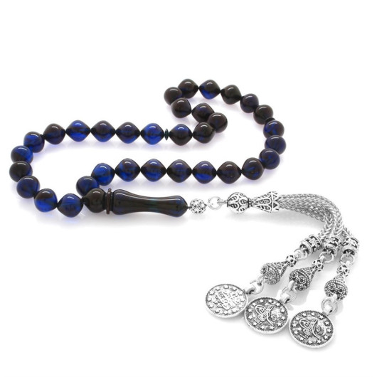 Tarnish Metal Mecidiye Tasseled Blue-Black Spinned Amber Rosary