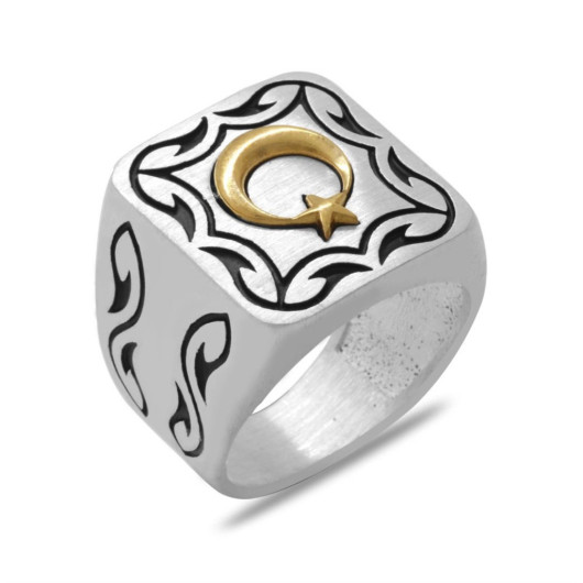 Square Design Crescent And Star Themed Special Color 925 Sterling Silver Men's Ring
