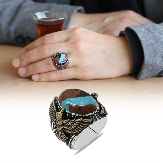 Kartal Design Natural Arizona Turquoise Stone 925 Silver Men's Ring