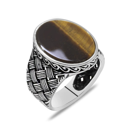 Kazaziye Design Tiger Eye Stone 925 Sterling Silver Men's Ring