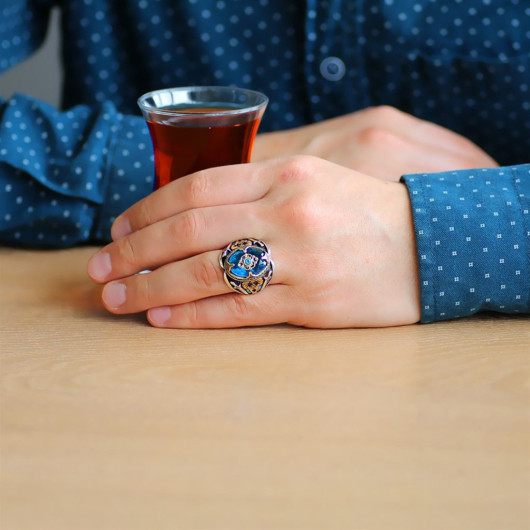 خاتم رجالي من الفضة عيار 925 بحجر الزركون لون أزرق المائي بتصميم سيف