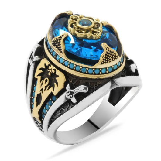 Sword Themed Facet Cut Aqua Blue Zircon Stone 925 Sterling Silver Men's Ring