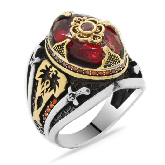Sword Themed Facet Cut Red Zircon Stone 925 Sterling Silver Men's Ring