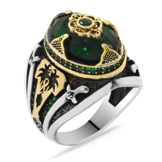 Sword Themed Facet Cut Green Zircon Stone 925 Sterling Silver Men's Ring