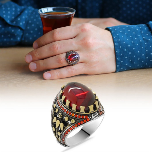 خاتم رجالي من الفضة عيار 925 بتصميم بيضاوي من حجر الزركون لون احمر