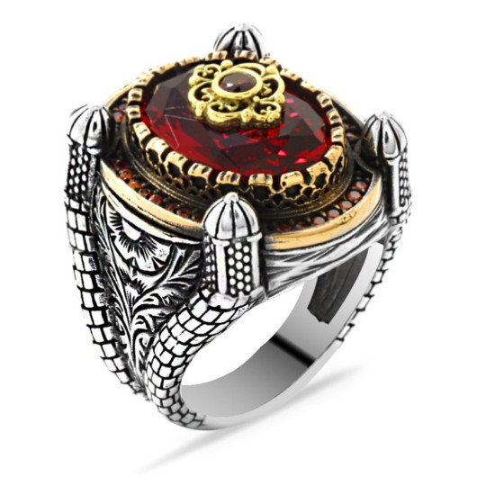 Dome Design Facet Cut Red Zircon Stone 925 Sterling Silver Men's Ring