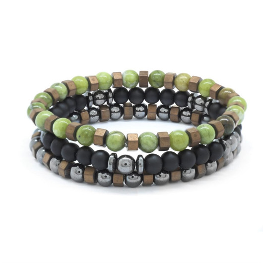 Sphere Cut Green Jade-Onyx-Hematite Combined Natural Stone Bracelet
