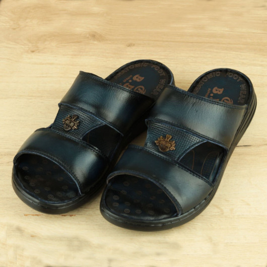 Navy Blue Inner-Outer Genuine Leather Men's Slippers
