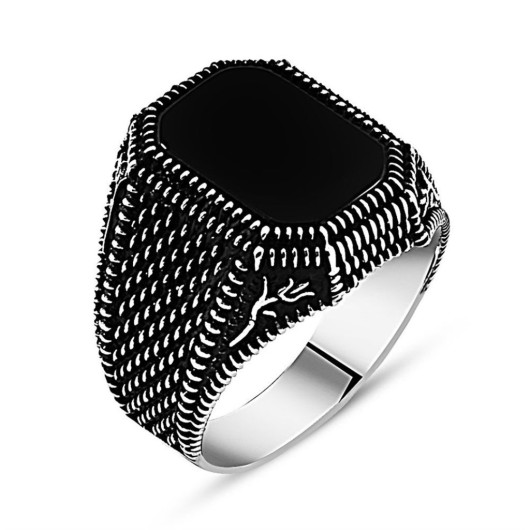 Tulip Embroidered Black Onyx Stone 925 Sterling Silver Men's Ring