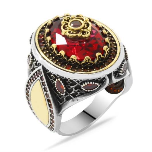 Tulip Themed Red Zircon Stone Personalized 925 Sterling Silver Men's Ring