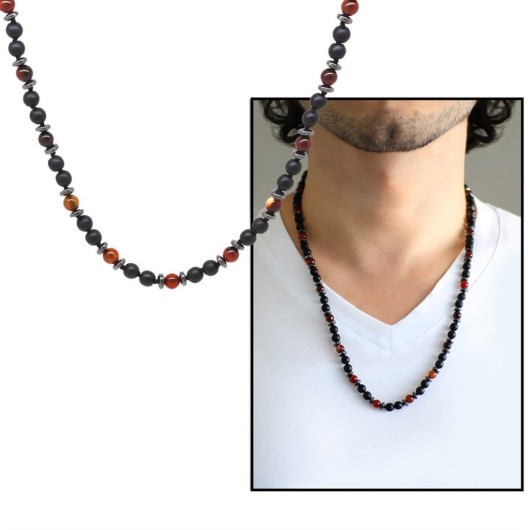 Macrame Braided Onyx-Agate-Hematite Combined Natural Stone Men's Necklace