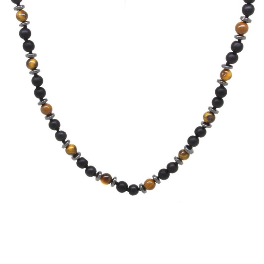 Macrame Braided Onyx-Tiger-Eye-Hematite Combined Natural Stone Men's Necklace