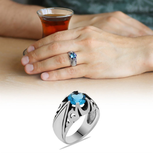 Minimal Design 925 Sterling Silver Men's Ring With Blue Zircon Stone