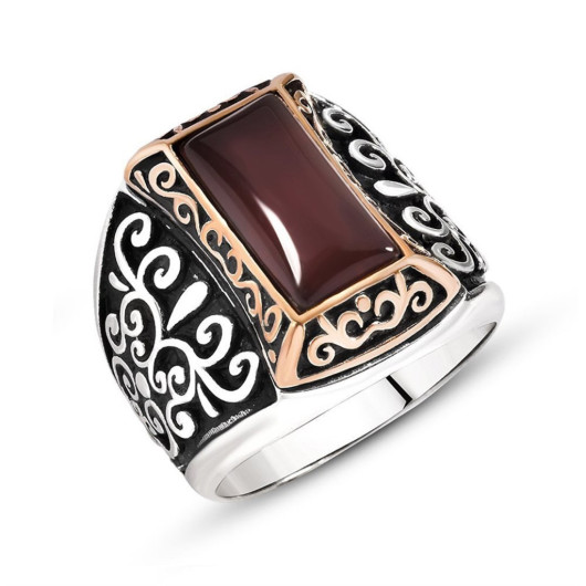 Patterned Red Agate Stone 925 Sterling Silver Men's Ring