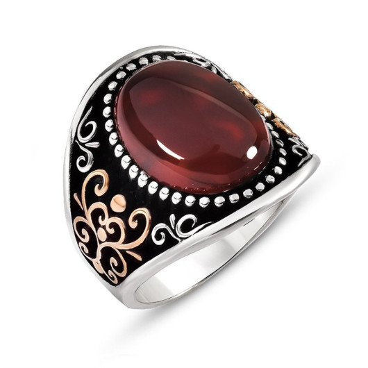Patterned Red Oval Agate Stone 925 Sterling Silver Men's Ring
