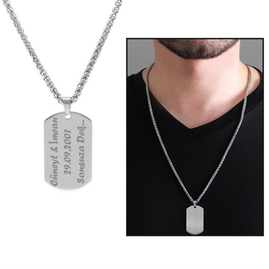 Oval Design Personalized Name Written Silver Color Steel Men's Necklace