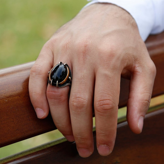 خاتم رجالي من الفضة عيار 925 بتصميم مخلب من حجر الأونيكس (جزع) لون أسود
