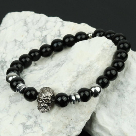Silver Skull Figured Special Design Shiny Onix Bracelet