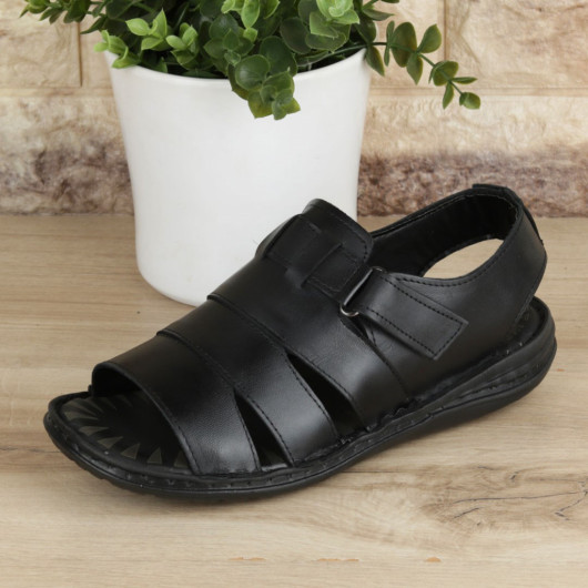 Black Genuine Leather Men's Sandals