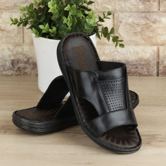 Black Genuine Leather Men's Slippers