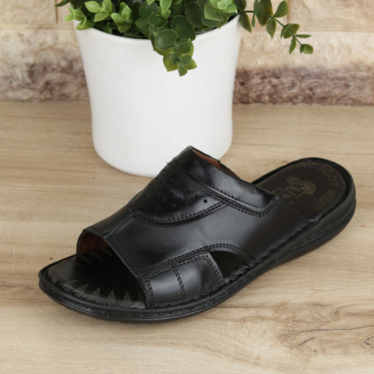 Black Genuine Leather Men's Slippers