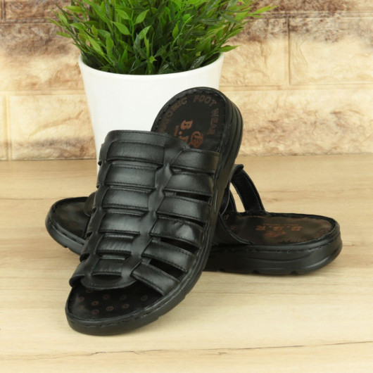 Black Inner-Outer Genuine Leather Men's Slippers