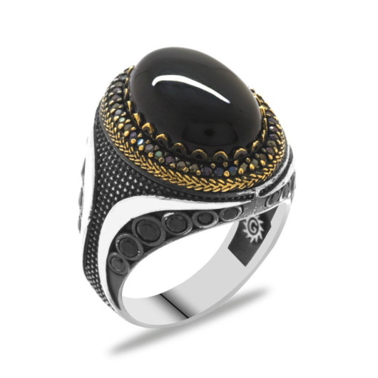 Black Onyx Stone Micro Zircon Stone Set Oval Design 925 Sterling Silver Men's Ring