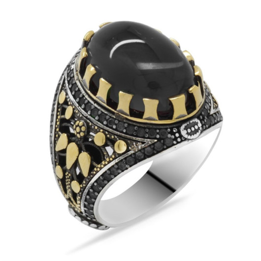 Black Zircon Stone Oval Design 925 Sterling Silver Men's Ring