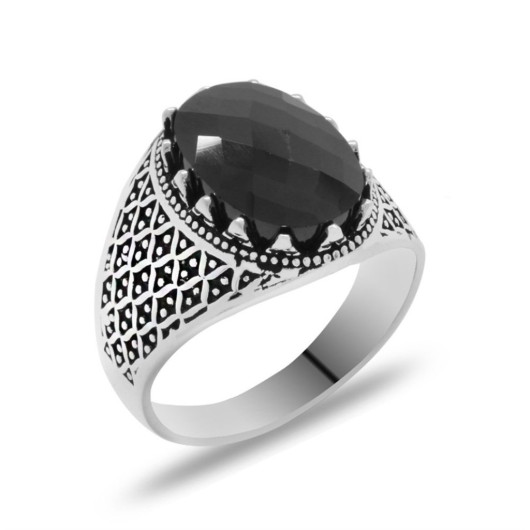 خاتم من الفضة عيار 925 بتصميم بيضاوي بحجر الزركون لون أسود