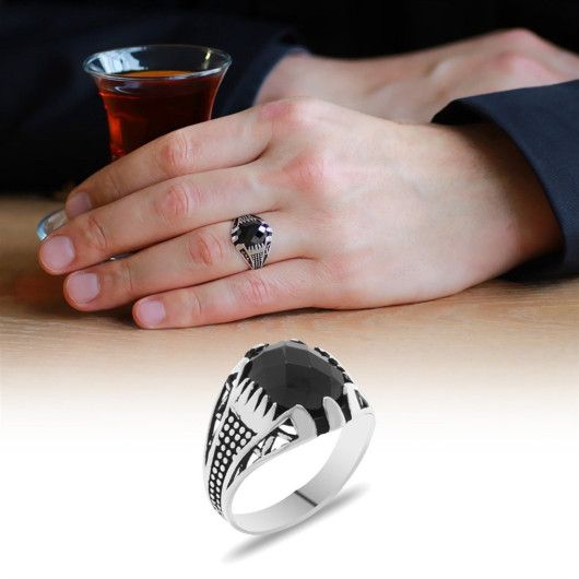 خاتم رجالي من الفضة عيار 925 بتصميم أنيق مع حجر الزركون لون أسود
