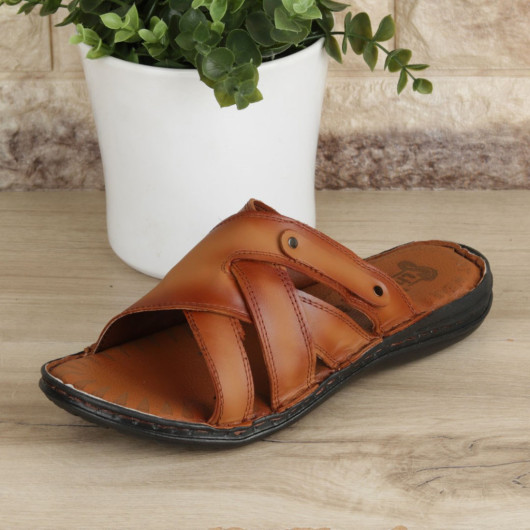 Tan Genuine Leather Men's Slippers