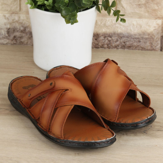 Tan Genuine Leather Men's Slippers