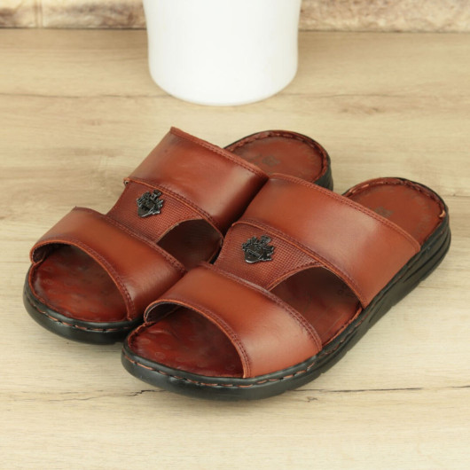 Tan Inner-Outer Genuine Leather Men's Slippers