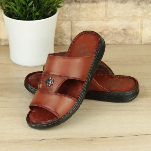 Tan Inner-Outer Genuine Leather Men's Slippers