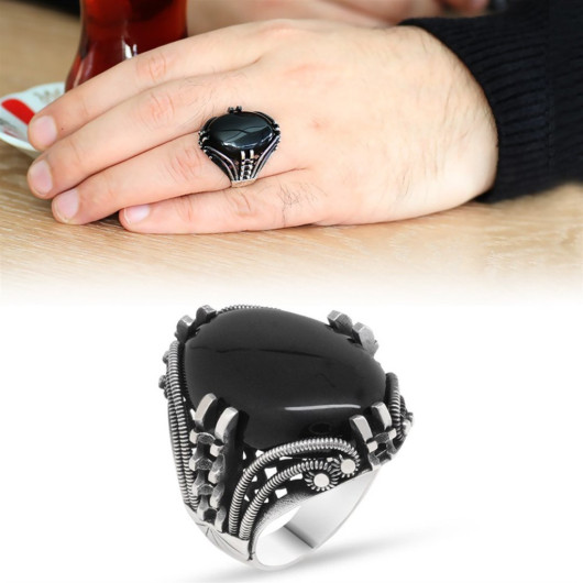 Nail Design Black Onyx Stone 925 Sterling Silver Men's Ring