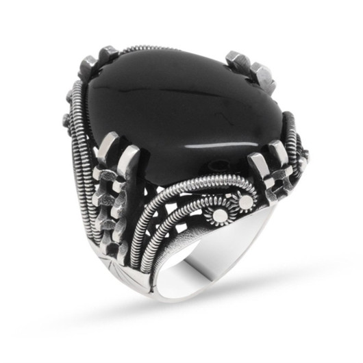 Nail Design Black Onyx Stone 925 Sterling Silver Men's Ring