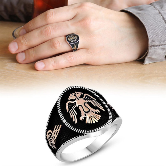 Tugra Embroidered Oval Double Eagle Motif 925 Sterling Silver Men's Ring