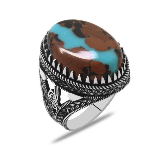 Tugra Design Natural Arizona Turquoise Stone 925 Sterling Silver Men's Ring