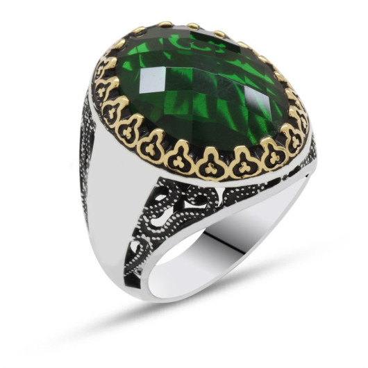 Green Zircon Stone 925 Sterling Silver Men's Ring (Name Can Be Written On The Sides)