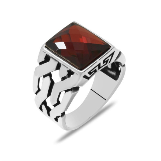 Chain Design Facet Red Zircon Stone 925 Sterling Silver Men's Ring