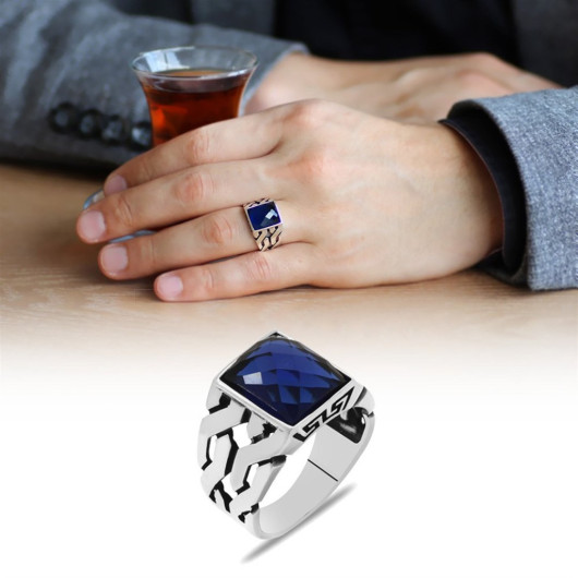 Chain Design Facet Blue Zircon Stone 925 Sterling Silver Men's Ring
