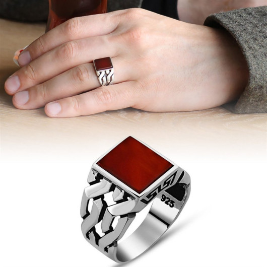 Chain Design Red Agate Stone 925 Sterling Silver Men's Ring