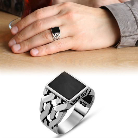 Chain Design Black Onyx Stone 925 Sterling Silver Men's Ring