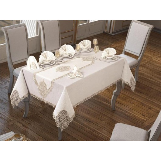 26 Pieces Elegant Luxury Table Cloth Set 160X260 Cm Cream Gold